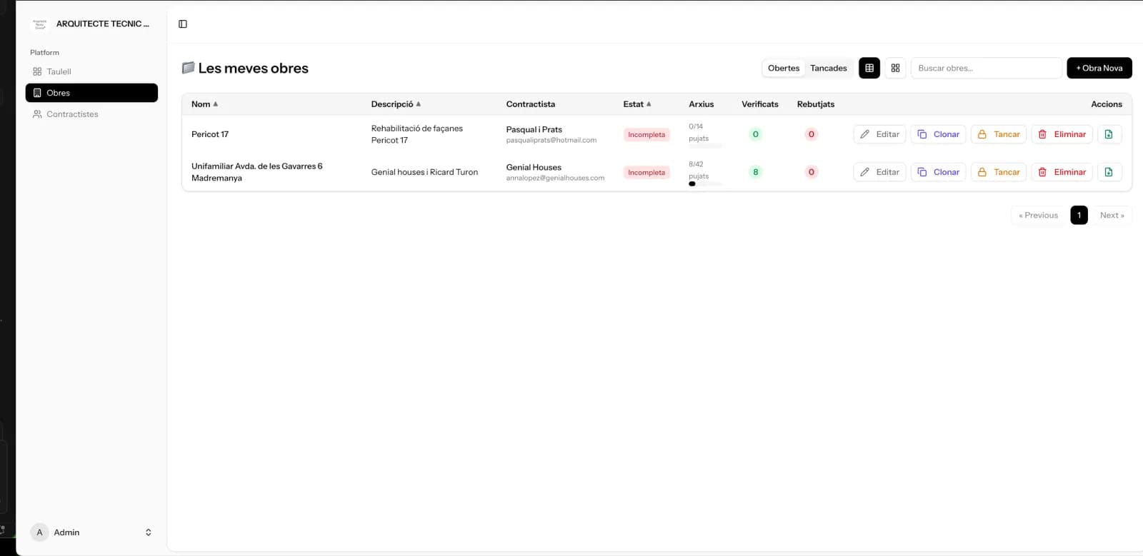 Gestió documental d’obra a Catalunya - llistat d’obres Qualitrek